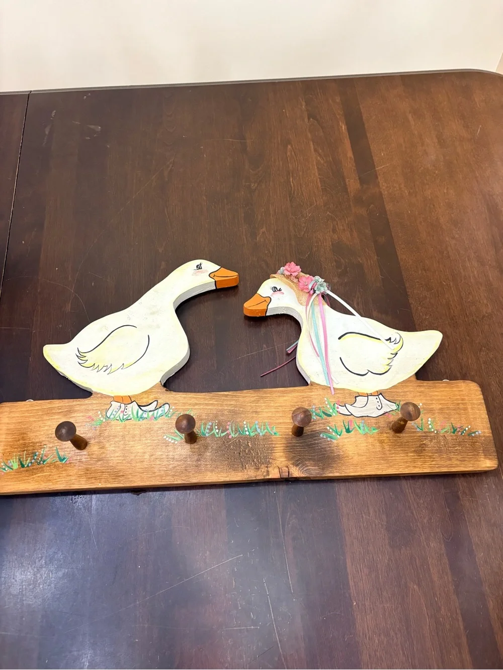 Handpainted Wooden Goose Peg Rack Geese